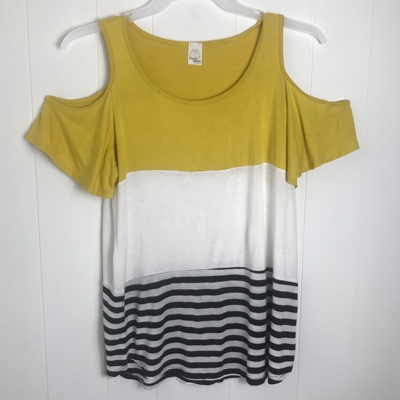 Sun n Moon Tops - SUN & MOON Striped Color Block Cold Shoulder Tee